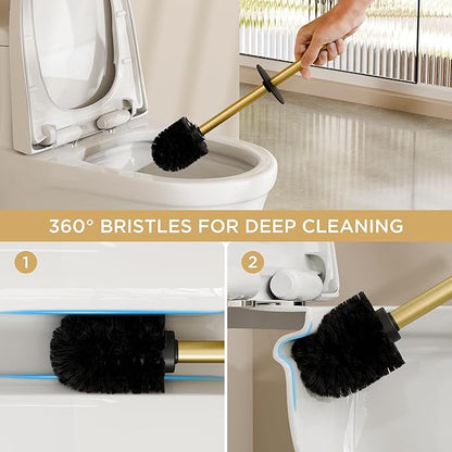 FORIOUS Toilet Brush and Holder Set, Heavy Duty 304 Stainless Steel Base Square and Long Handle for Bathroom Deep Cleaning, Drip-Proof, Space Saving for Storage, 2 Toilet Bowl Brush Head, Dark Gold
