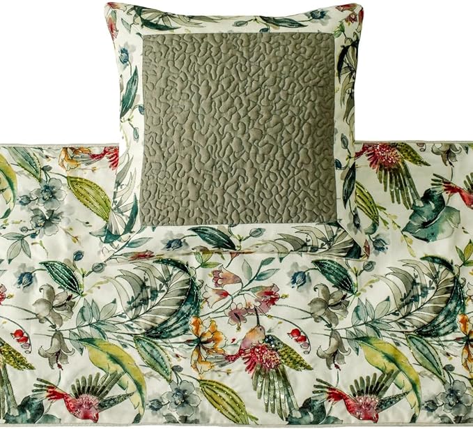 The HomeCentric King Queen Twin Ivory & Multi Designer Full 68"x18" Bed Runner with Pillow Cover, Bird, Sequins & Beaded Bed Scarf on Cotton Fabric - Exotic Birds