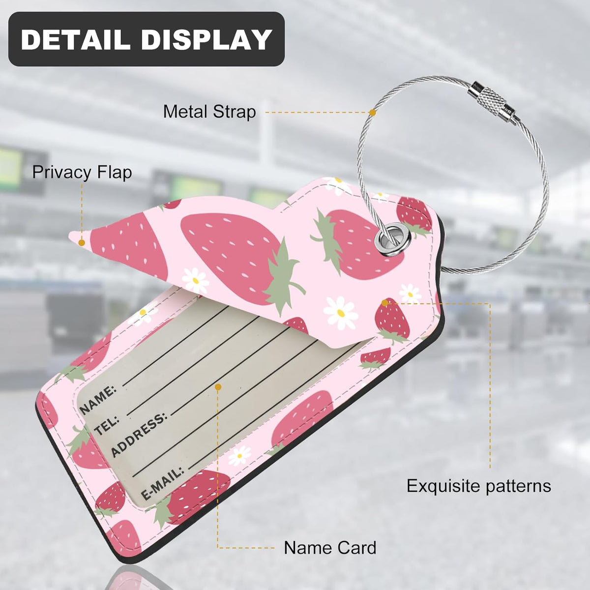 2Pack Luggage Tags for Suitcases, Cute Unique Pu Leather Cruise Luggage Tag with Privacy Cover ID Label Address Card and Metal Ring Suitable for Women Men Kids Travel Bag Pink Strawberry