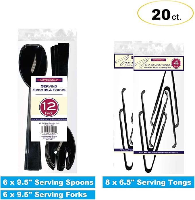 Party Essentials Plastic Party Buffet Serving Utensils Kit, Spoons/Forks/Tongs