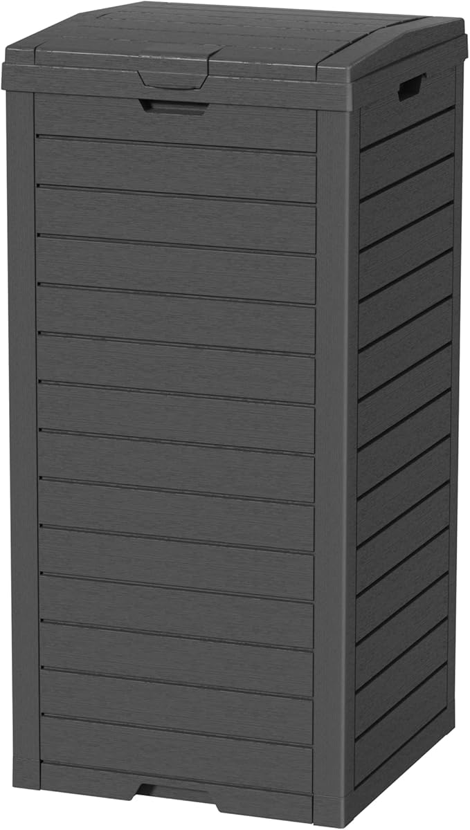 Outdoor Trash Can Waterproof Resin Garbage Bin, 31 Gallon with Tiered Lid and Drip Tray, for Patio, Backyard, Deck（Grey）, Gray