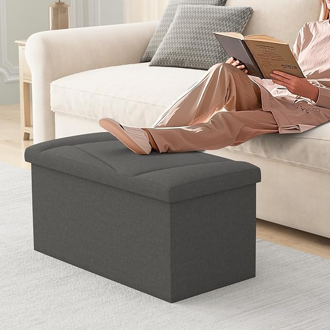 Folding Storage Ottoman Bench, 30 Inches End of Bed Bench Folding Ottoman Storage for Bedroom, Entryway and Living Room, 30"x15"x15",Dark Gray