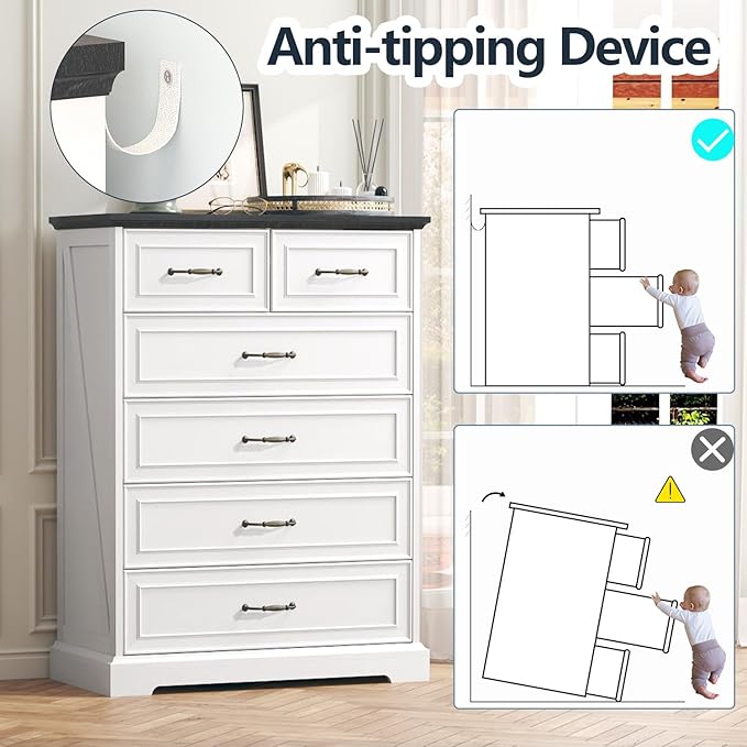 6 Drawer Dresser for Bedroom, 43" Tall Wooden Chest of Drawers, Rustic Farmhouse Dresser with Large Drawers & Metal Handles, Modern Storage Organizer for Closet, Living Room, Hallway, White