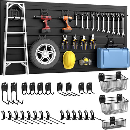 DoCred Slatwall Paneling Organizer, 4x2 FT PVC Garage Slat Wall Storage Systems, Heavy Duty Mounted Slat Peg Board for Tool Organization Ladder Bike Includes 27 PCS Hooks Accessories Kit (Black)