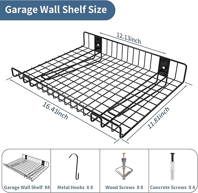2 Pack Garage Wall Shelf, Wall Mounted Storage Shelves, Heavy Duty Metal Shelves for Room Wall, Loads 130 LBS Floating Shelves Mesh Storage Rack for Garage, Office, Basement,Wall Cabinet and Kitchen