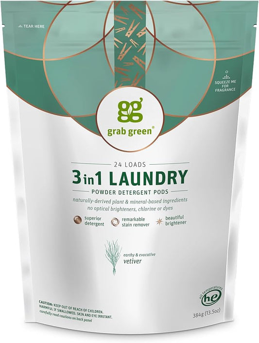 Grab Green 3-in-1 Laundry Detergent Pods, 24 Count, Vetiver Scent, Plant and Mineral Based, Superior Cleaning Power, Stain Remover, Brightens Clothes