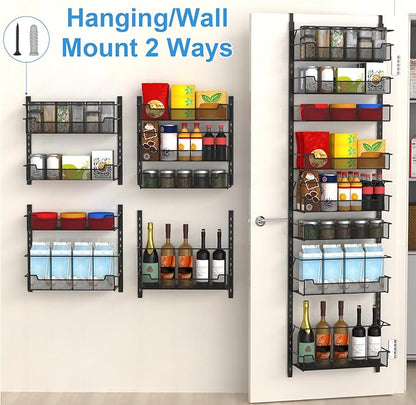 Over the Door Pantry Organizer, 8-Tier Over the Door Organizer with Adjustable Basket, Pantry Door Organization for Pantry Kitchen Storage Room Spice Rack, Black