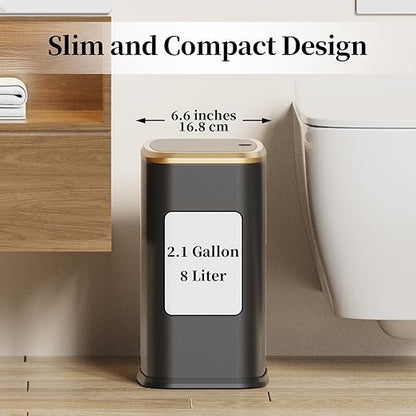 2.1 Gallon Bathroom Trash Can with Lid Press Top, 8 Liter Stainless Steel Garbage Can with Press Type Lid, Slim Trash Bin Waste Basket for Toilet, Office, Bedroom, Living Room (Black)