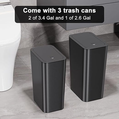 N. NETDOT Bathroom Trash Can with Lid 3 Pack Set, 2 Packs 4 Gal Slim Kitchen Trash Bin and 1 Pack 2.6Gal Garbage Can, Small Trash Can/Trash Bin/Waste Basket for Bedroom (Black, Pack of 3)