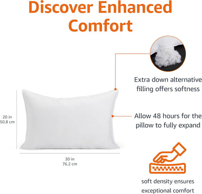 Amazon Basics Down Alternative Pillows, Soft Density for Stomach and Back Sleepers, Queen - Pack of 2, White, 30 in L x 20 in W