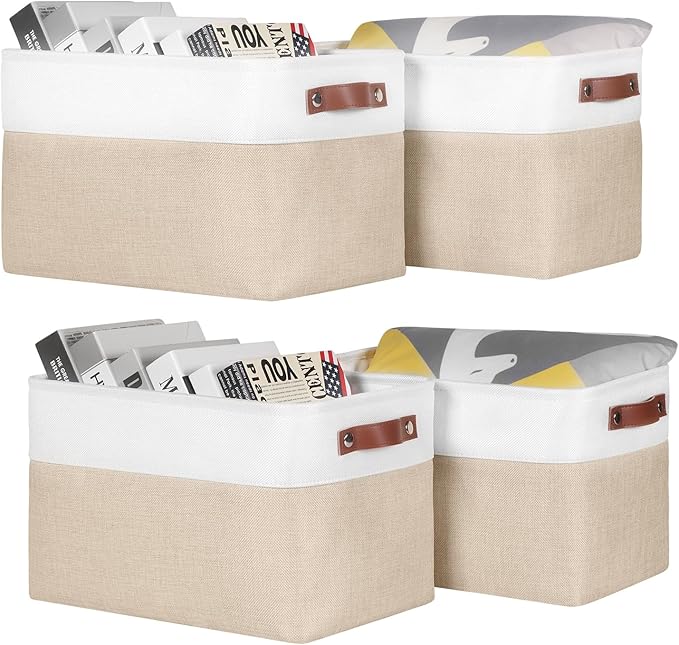 Univivi 15 inch Storage Baskets for Shelves with Handles Hard Bottom Closet Organizer Fabric Bins Large Organizer Basket for Closet Organizing (Khaki- 4 Pack )