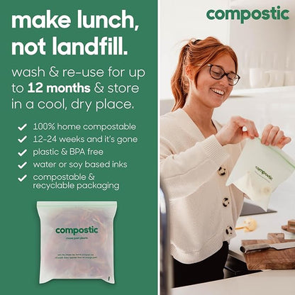 Compostic Home Compostable Resealable Snack Bags (6"x 3.5"), Microwave & Freezer Safe, Organic Food Storage Container, 30 Count (Pack of 2)