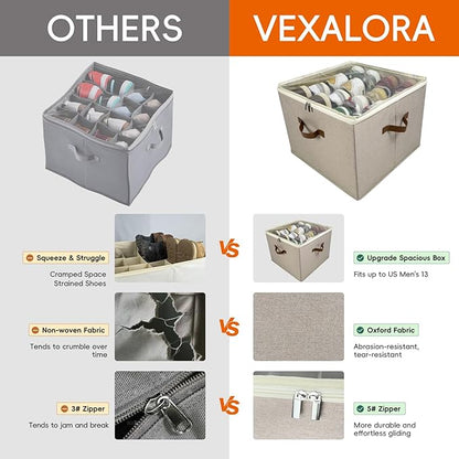 Shoe Organizer for Closet, 2 Pack Shoe Storage Bins with Clear Cover, Adjustable Dividers Fits 16-32 Pairs ShoeBoxes, Organizador de Zapatos, Khaki