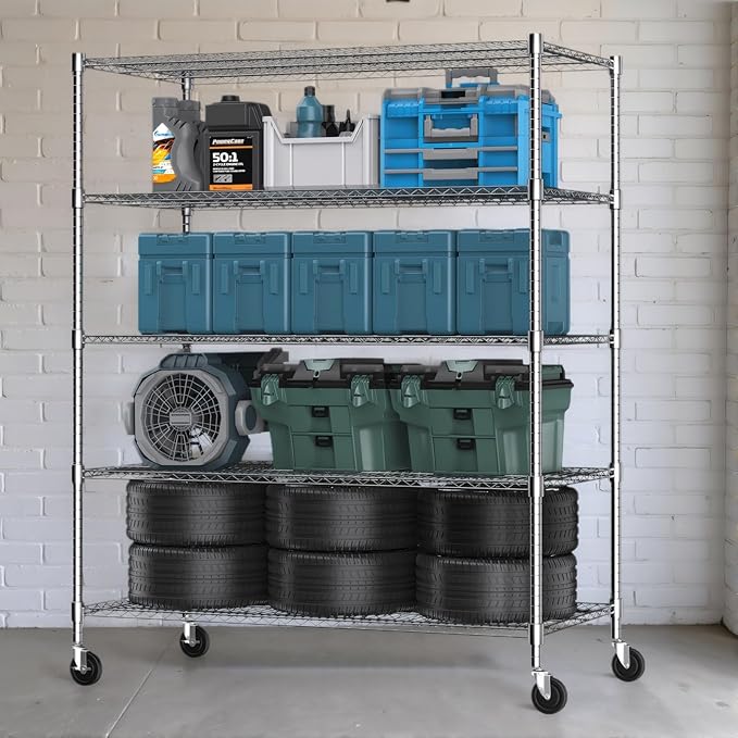 Himimi 5 Tier Wire Shelving with Wheels Heavy Duty Height Adjustable Metal Shelves for Storage, Commercial Grade Steel Utility Wire Rack for Kitchen Garage Pantry Organization-24×48×82, Silver