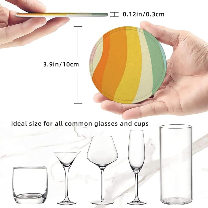 6 Pcs Groovy Retro 70s Style Cute Abstract Leather Coasters