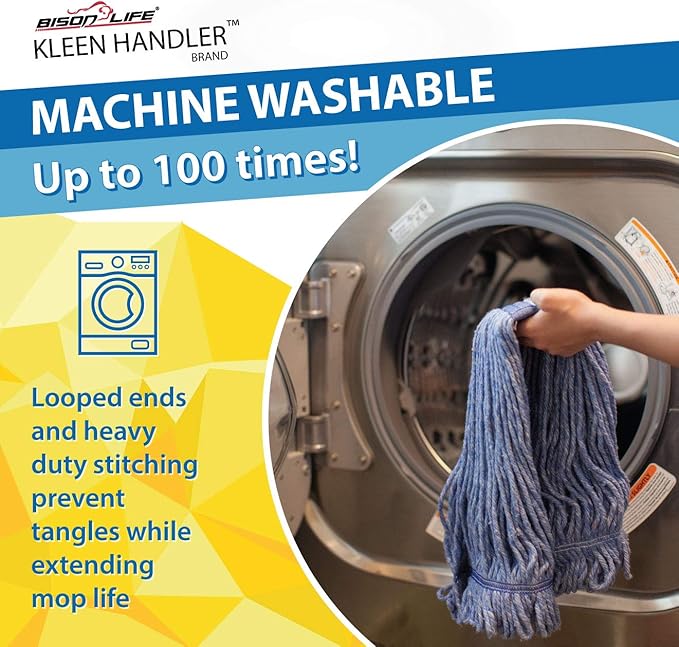KLEEN HANDLER HEAVY DUTY Commercial Mop Head Replacement, Wet Industrial Cotton Looped End String Cleaning Mop Head Refill, Blue Mop, Universal Headband