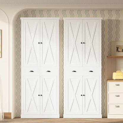 IRONCK Kitchen Pantry Storage Cabinet 83.9" H, with Barn Doors, Drawer, 4 Adjustable Shelves, Freestanding Cupboard for Dining Room Living Room, Laundry, White