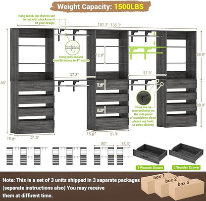 Aheaplus Closet System Set of 3, 138.5" Wood Closet Organizer System Tower with 12 Drawers & 4 Hanging Rods, 6.7+4.85Ft L Shaped Walk-in Closets Wardrobe Organizer Garment Rack with Shelves, Black Oak
