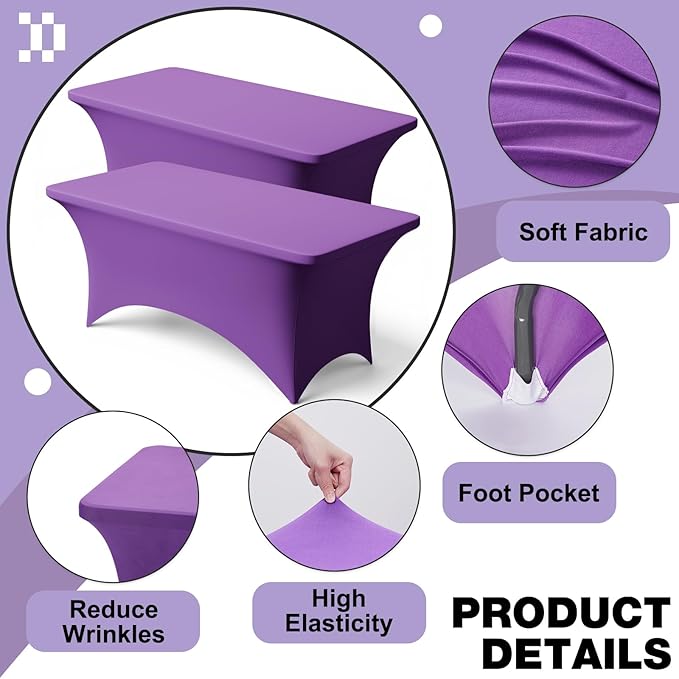 Trlyc 1 Pack 6FT Spandex Table Cloth - 72 x 30 Inch Rectangular Stretch Tablecloth, Wrinkle Resistant Scretch Table Cover for Wedding, Party, Banquet, Picnic, Outdoor Decoration (1Pcs,Purple)