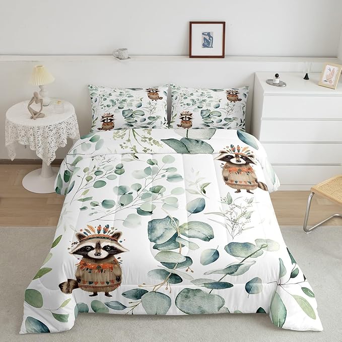 Erosebridal Cute Raccoon Toddler Size Comforter Set for Kids Child Green Eucalyptus Bedding Set, Woodland Animal Down Comforter Botanical Plant Leaves Bed Set, Cartoon Wildlife Quilted Duvet