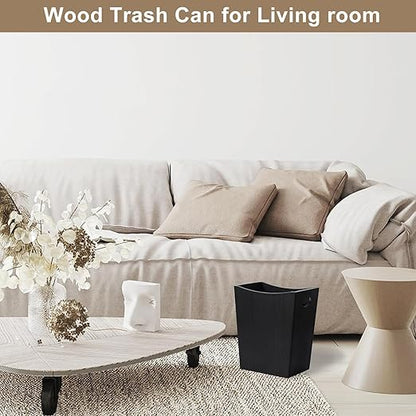 SEHERTIWY Wood Trash Can, Farmhouse Wastebasket Bin for Bathroom, Office, Bedroom, Living Room, Small Square Rustic Garbage Container (Wood-Black)