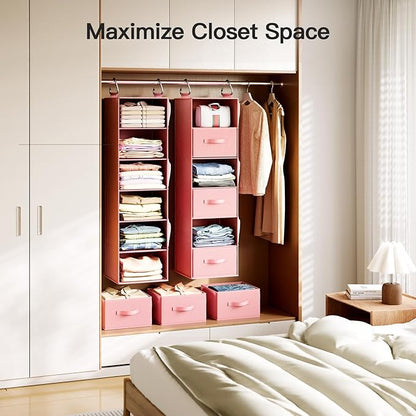 Pipishell Hanging Closet Organizer 6-Shelf, Hanging Shelves for Closet with 3 Removable Drawers & Side Pockets, Hanging Shelf Organizer for Bedroom or Garment Rack, 12'' x 12'' x 43.3'', Pink