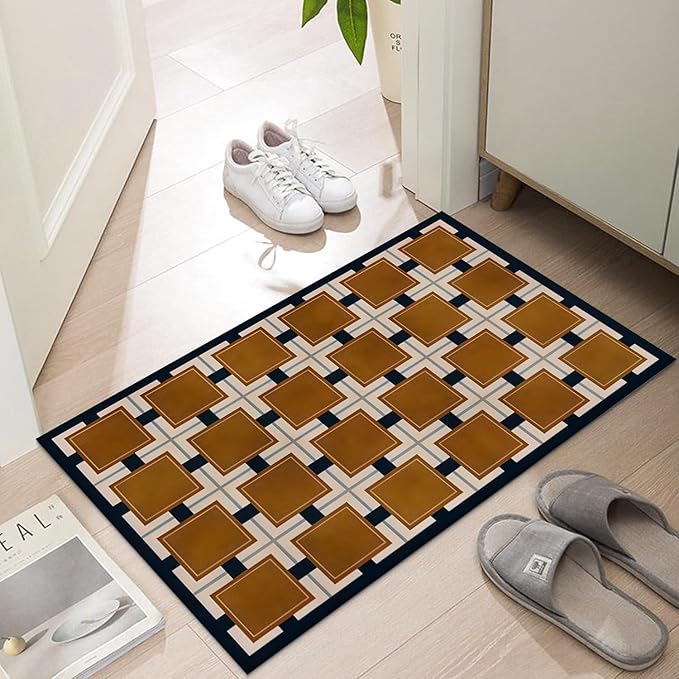 Ultra Thin Door Mat Indoor Entrance, 1/10 in Thin Door Mats for Inside Entry, Non-Slip Rubber Backing Washable Doormat, Fade Resistant, Absorbent, Low Profile Dirt Trapper, 30"X17",Khaki Checkered