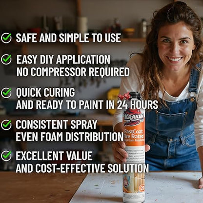 Kraken Bond Fastcoat Fire Rated Spray Foam Insulation Kit Closed Cell in a Can 20 sq ft (1x27.1 oz.) (R-Value 11.32 / 2in) - Spray Foam for Garage Door, Attic, Wall Gun & Cleaner Not Included, 1 Pack