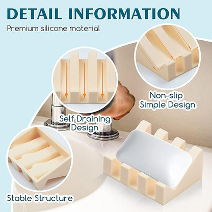 Silicone Soap Dish for Bar Soap Holder for Shower Bathroom Self Draining Waterfall Drying Tray Keep Soap Bars Dry Clean & Easy Cleaning (Cream White, 2)