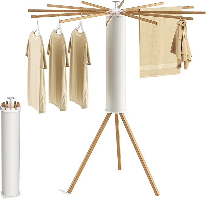 Tripod Clothes Drying Rack, Garment Rack Portable and Foldable Space Saving Laundry Drying Rack - Dryer Rack Clothing Floor Folding Balcony Bedroom Household (Beige(Wood), 12 rods)
