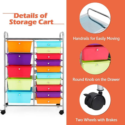 GOFLAME 15-Drawer Rolling Storage Cart, Multipurpose Movable Organizer, Utility Cart for Home, Office, School, Multicolored