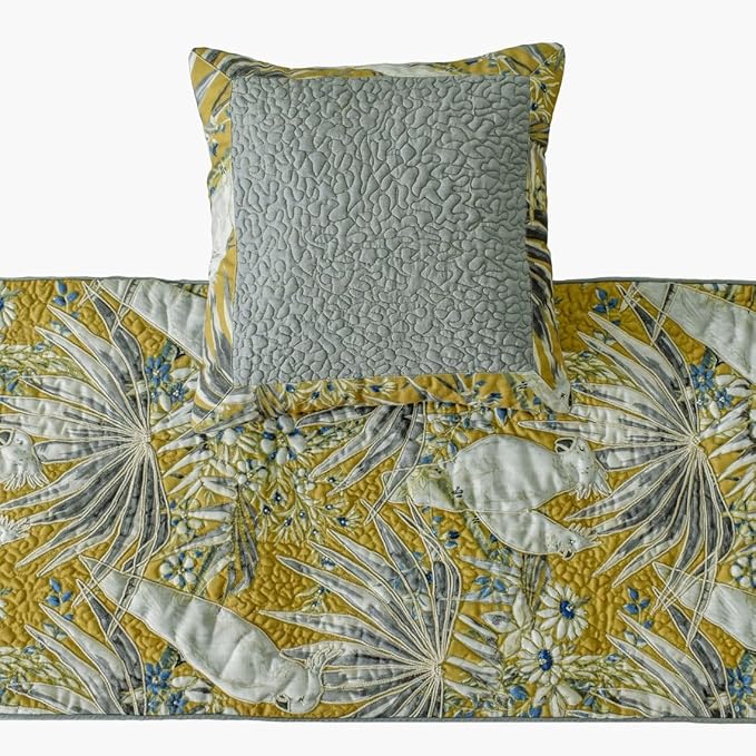 The HomeCentric King/Queen/Twin Grey & Yellow Decorative Full 68"x18" Bed Runner Without Pillow Cover, Cockatoo Bird & Quilted Bed Scarf on Cotton Fabric - Cockatoo Love