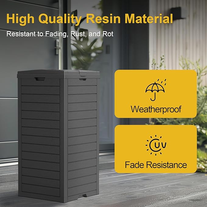 Outdoor Trash Can Waterproof Resin Garbage Bin, 31 Gallon with Tiered Lid and Drip Tray, for Patio, Backyard, Deck（Grey）, Gray