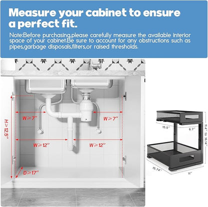 1 Pack-11.4"-16.14"H Under Sink Storage Organizer, Large 2-Tier Elegant Mesh Pull Out Shelf for Kitchen and Bathroom Cabinet Organization, L-Shaped and Adjustable Height Design for Maximum Space-Black