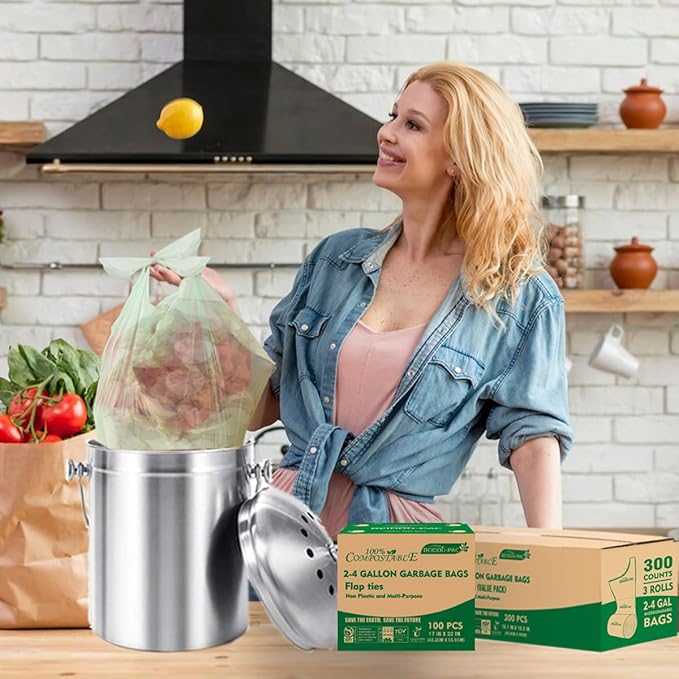 3 Gallon Flap Tie Compostable Trash Bags, 100 Count Small Compost Bags, Biodegradable Kitchen Garbage Bags, Food Scrap Waste Bags for Countertop Bin, ASTM D6400, US BPI Certified