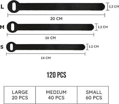 120 PCS 5/6/8 Inch Cord Wraps for Charging Cords – Data Cable Organizer Ties – Reusable Cable Ties – Electrical Wire Straps, Black