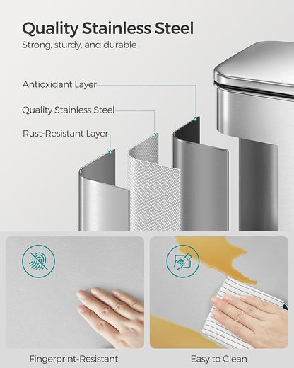 SONGMICS Kitchen Trash Can, 10.5 Gallon (40 L) Garbage Can, Large Step Trash Bin with Lid, Stainless Steel, Soft Close, 15 Trash Bags Included, Silver ULTB540E40