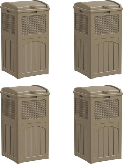 Greesum 33 Gallon Resin Outdoor Trash Can with Lid, Waterproof Resin Garbage Bin for Hideaway, Patio, Deck, 4 Pack, Light Brown