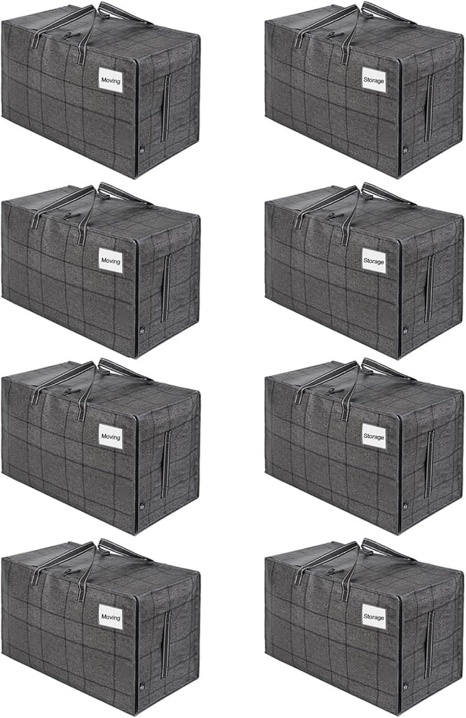 VENO 8 Pack Moving and Storage Bags, Heavy Duty, Alternative to Moving Boxes, Large Packing Totes Supplies for College Dorm Room with Zipper for Clothes, Wide Open Design (Windowpane, 8 Pack)