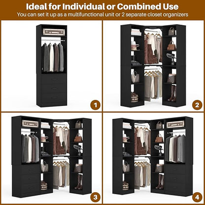 Corner Closet System with 3 Drawers, Corner Closet Organizer System with 13 Shelves & 3 Hanging Rods, 63.2"L * 39.2"W Reversible L Shaped Walk-in Closets, Load 2000+LBS, Black