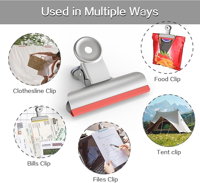 HOUSE AGAIN 12 Pack Stainless Steel Chip Bag Clips Covered with Silicone NO More Sharp Edges, Bulldog Clips for Food Bags Air Tight Seal, Heavy Duty Binder Paper Clips for Kitchen and Office, 3 Inches