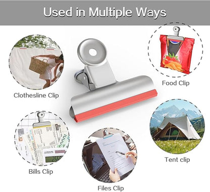 HOUSE AGAIN 12 Pack Stainless Steel Chip Bag Clips Covered with Silicone NO More Sharp Edges, Bulldog Clips for Food Bags Air Tight Seal, Heavy Duty Binder Paper Clips for Kitchen and Office, 3 Inches