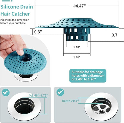 Shower Hair Drain Catcher, Silicone Bathtub Drain Hair Catcher Strainer, All-in-one Tub Hair Catcher Drain Protector for 1.48'' to 1.76'' Regular Drains, 3PCS/Light Blue
