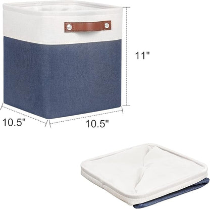Univivi Fabric Cube Bins Set of 4 Storage Baskets with PU Handles for Home Closet Foldable Storage Bins (Blue, 10.5" x 10.5" x 11")