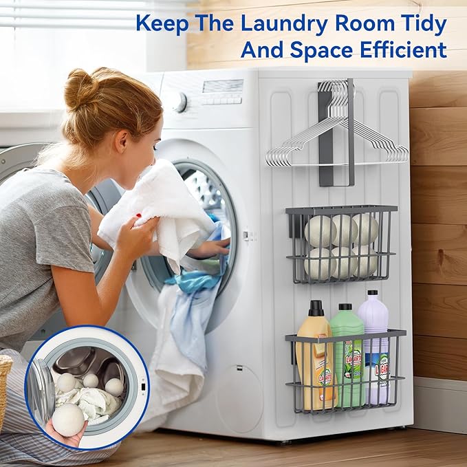 Magnetic Dryer Ball Holder and Magnetic Hanger Holder for Laundry Room Organization and Storage, Magnetic Lint Bin for Laundry Room, Iron Basket Dryer Ball Container for Laundry Room Storage (Gray)