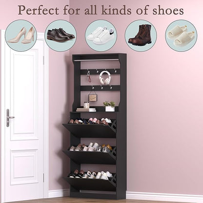Shoe Cabinet with 3 Flip Drawers & Coat Rack, Narrow Hidden Shoe Storage Cabinet, 2-in-1 Hall Tree Slim Freestanding Shoe Rack Organizer for Entryway, Hallway, and Living Room
