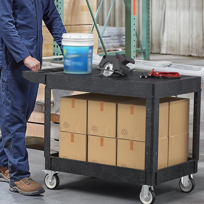 Large Garage Flat Top Utility Cart, Heavy Duty 2 Shelf Tool Cart Service Cart Rolling Push Carts with Ergonomic Handle 5" Swivel Casters