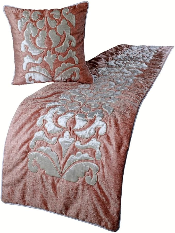 The HomeCentric Decorative Peach & Ivory Queen 74 x 18 inch Bed Runner with Matching Pillow Cover, Velvet Applique Bed Scarf, Abstract Modern - Peach Elegance