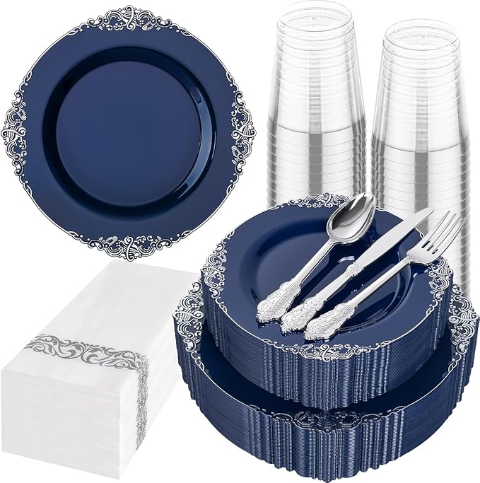 175pcs Blue and Silver Plastic Plates