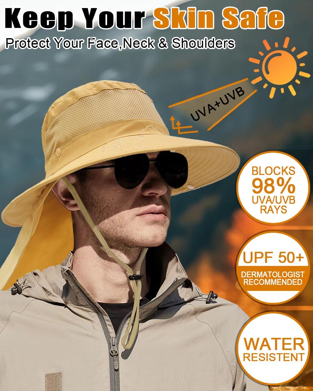 Outdoor Sun Hats with Stowable Neck Flap for Men Women UPF 50+ Mesh Summer Bucket Hat Wide Brim for Fishing Safari Hiking